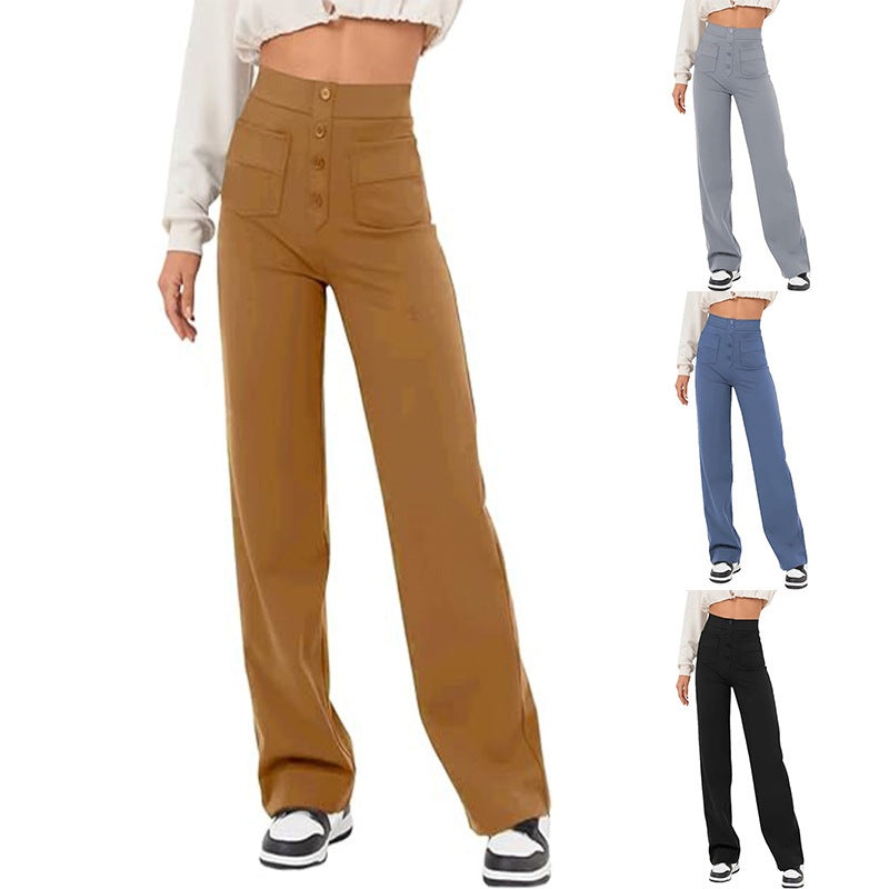 High Waist Trousers With Pockets Casual Loose Wide Leg Button Straight Pants Women’s Clothing